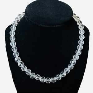 Vintage Clear Faceted Graduated Glass Crystal Bead Necklace with Silver Clasp